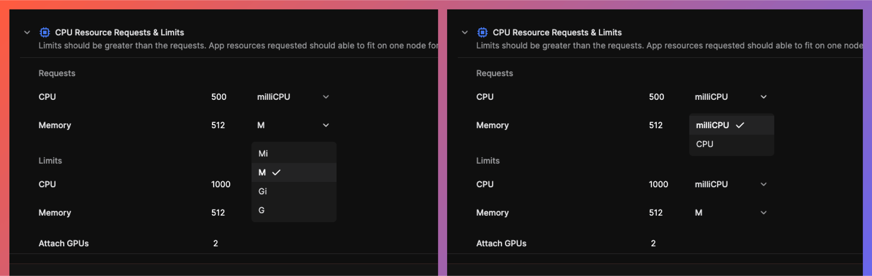 Set CPU resource requests and limits